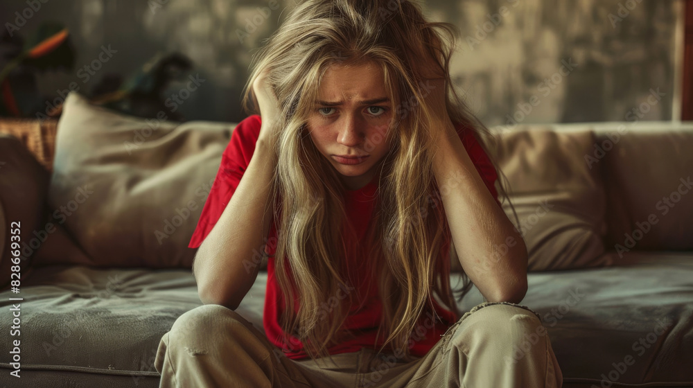 Troubled young woman sits on a couch, showing signs of stress and sadness