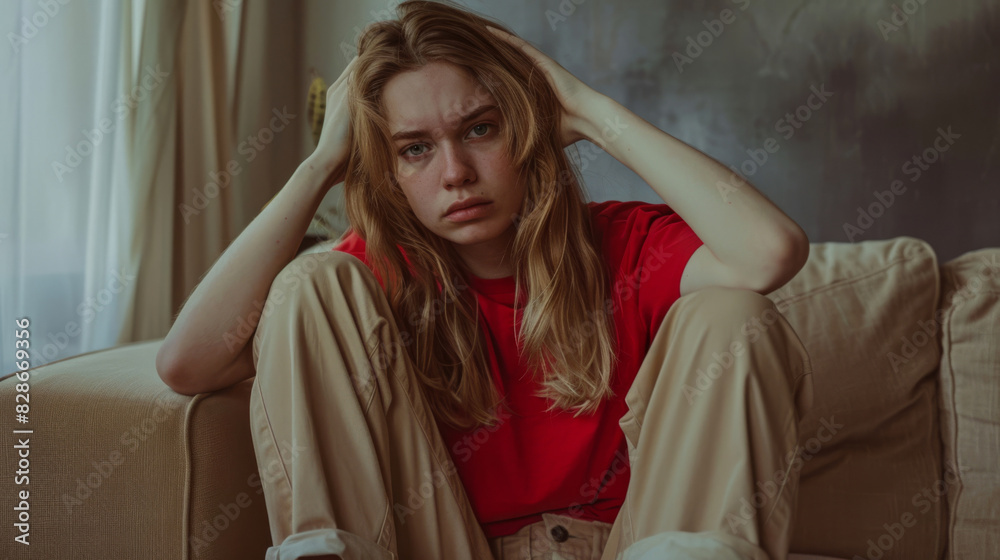 Pensive young woman sitting on a couch, appearing stressed and anxious