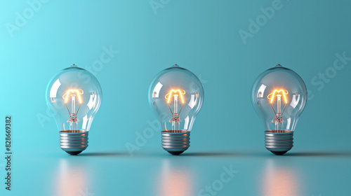 Three light bulbs with different lighting isolated blue background. Concept of idea and creativity.