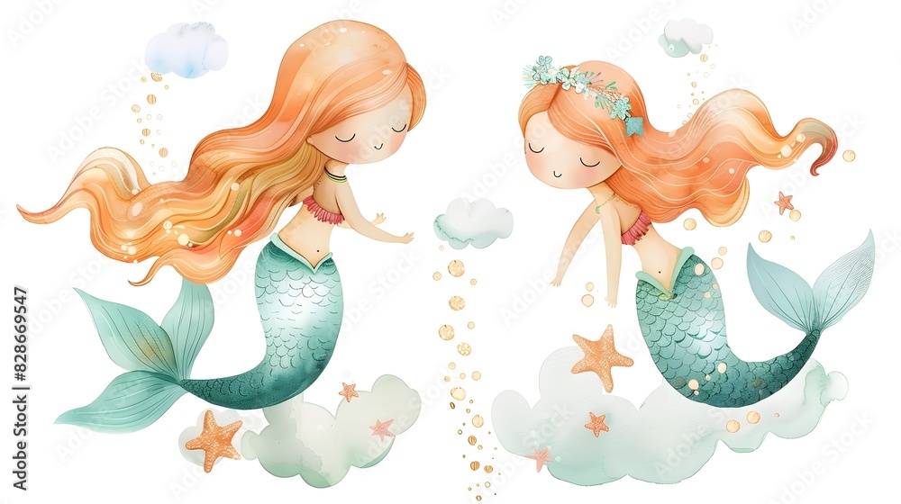 Obraz premium Enchanting Mermaid Sisters in a Whimsical Nursery Scene Shimmering Aquatic Fantasy Art
