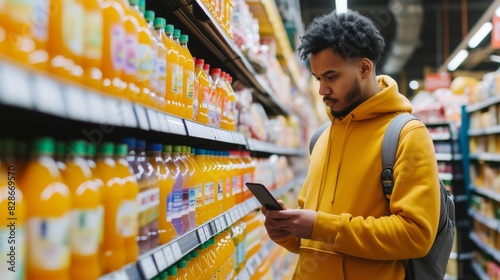 A man stands in front of a supermarket aisle filled with various brands of orange juice photo