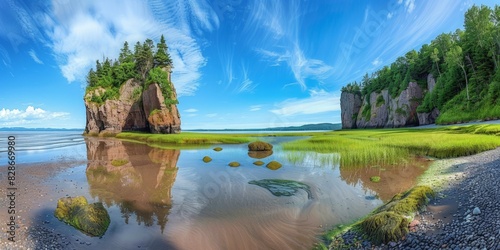 Hopewell Rocks in New Brunswick Canada skyline panoramic view