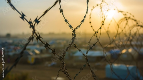 Intertwined razor wire with the setting sun in the background