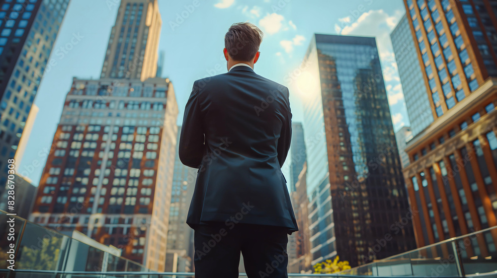 A businessman watching skyscrapers in front of the big building. Rear view of a businessman gazing at towering skyscrapers.
A businessman watching skyscrapers in front of the big building. Rear view of a businessman gazing at towering skyscrapers.