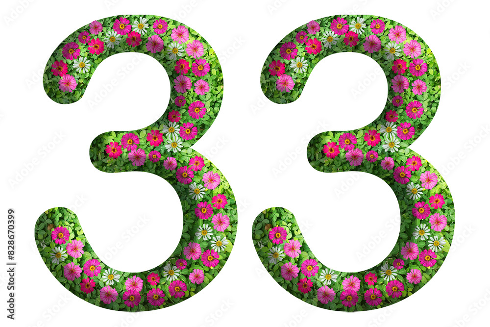 3d of the number 33 is made of green grass and beautiful flower isolated on transparent background. Go green concept for Memorial Day template 3d of the number 33 is made of green grass and beautiful flower isolated on transparent background. Go green concept for Memorial Day template