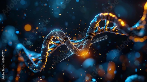The image shows a glowing blue and orange DNA strand on a dark blue background. photo