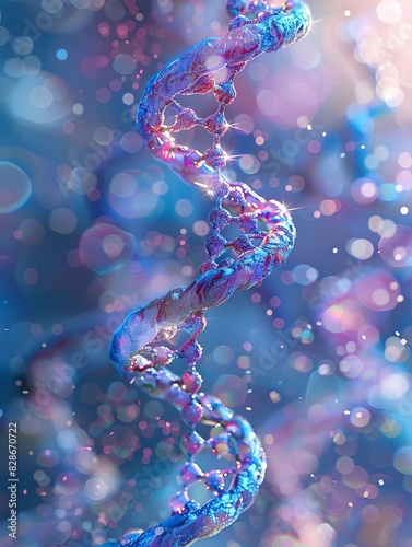 A beautiful and detailed 3D rendering of a DNA double helix. The helix is made of blue and pink spheres and is set against a blue background with a bokeh effect.