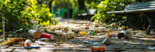 Various pieces of trash, such as food containers and paper cups, strewn across a park sidewalk photo