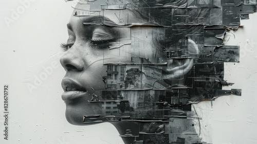 Collage of woman's portrait with a lot of pieces and fragments around her head. Blask and white, Abstrart, creative art, close up
