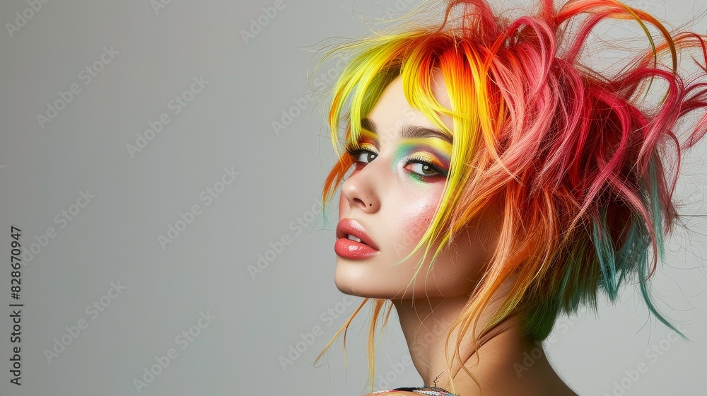 Woman with bright multicolored hair and creative makeup posing against a neutral background in the studio Woman with bright multicolored hair and creative makeup posing against a neutral background in the studio