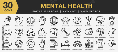 Set of 30 Mental health icon set. Editable Stroke Icon Collection. Includes broken, panic, protect, stress, thinking, and More. Outline icons vector collection.