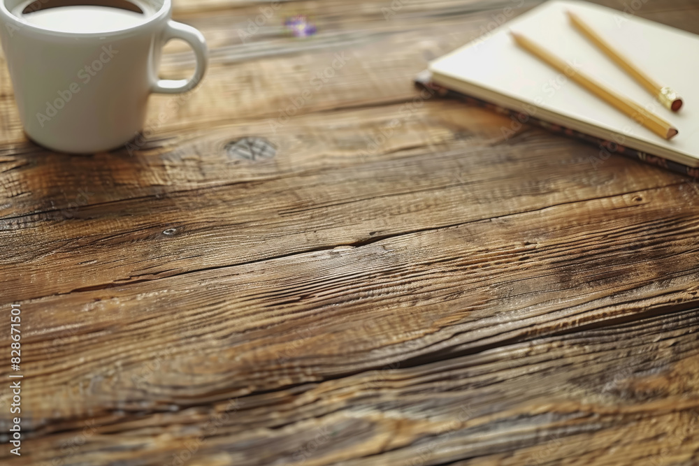 Image of a wooden work desk with a coffee mug, pencils, notebook, and plenty of space for work. Image of a wooden work desk with a coffee mug, pencils, notebook, and plenty of space for work.