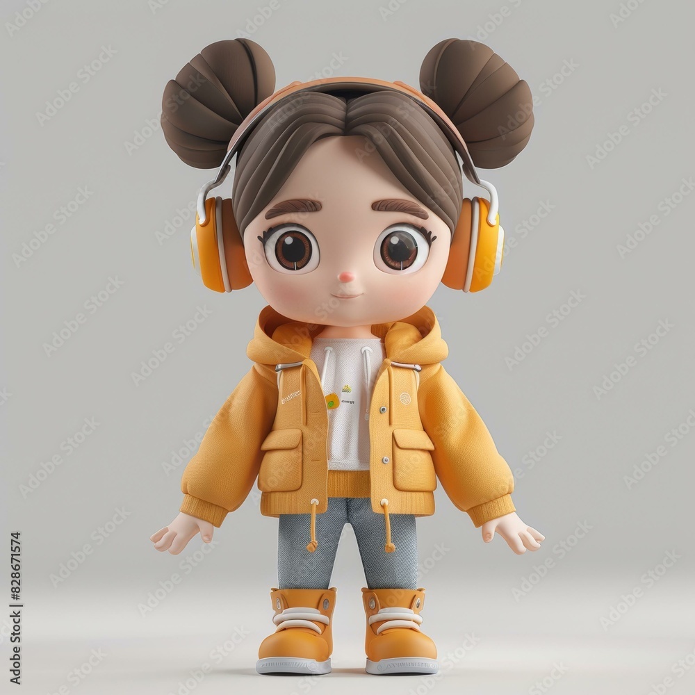 3D Cartoon Girl with Headphones in Yellow Jacket 3D Cartoon Girl with Headphones in Yellow Jacket