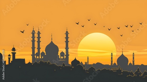 Stunning Silhouetted Mosque Against Vibrant Sunset Sky with Crescent Moon