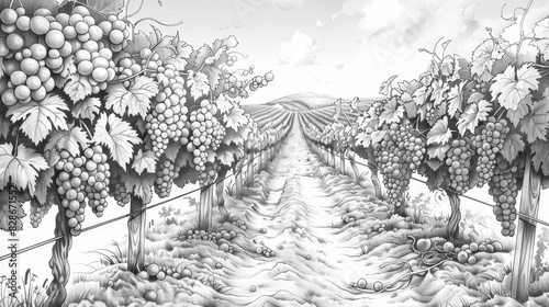 coloring book vineyard landscape with a long row of grape vines, the image is in black and white photo