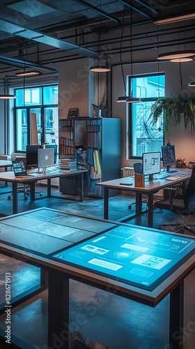 A high-tech, contemporary office with interactive digital whiteboards, ergonomic standing desks, and a central hub with a large touch-screen table for collaborative projects, photo