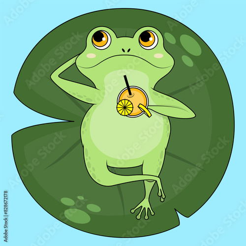 Cute cartoon frog character laying on a lily leaf, sunbathing and drinking cocktail, top view. Fun toad art relaxing on a vacation, colorful summer nature flat vector illustration.