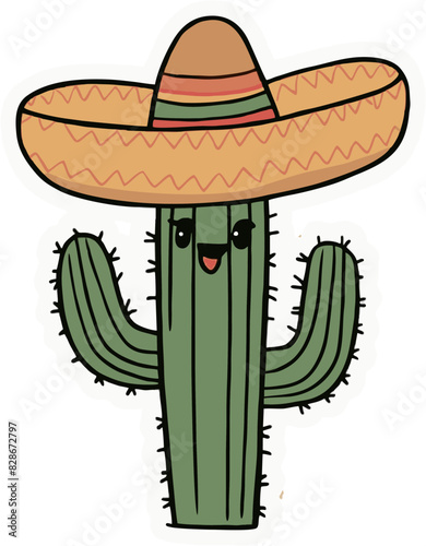 Playful Cactus in Sombrero Cartoon Sticker 
