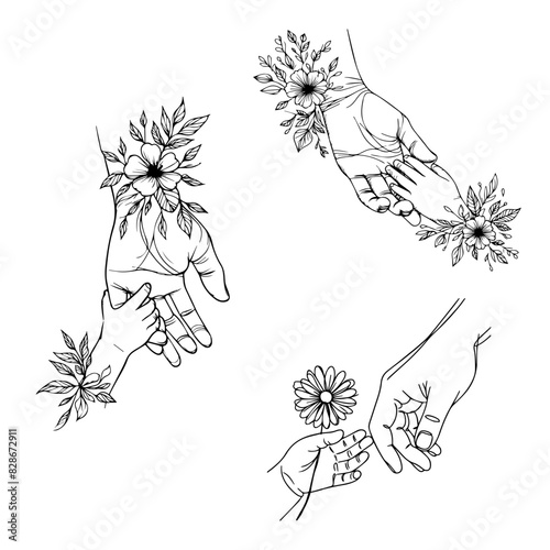 Parents and child Floral hands line art. Parents and child hands continuous line illustration. Floral holding hands.Adult and young hands line art. Child Holding Mother's hand