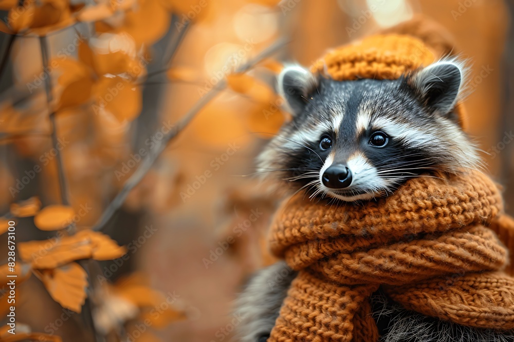 funny animal in knitted hat and scarf in autumn park funny animal in knitted hat and scarf in autumn park