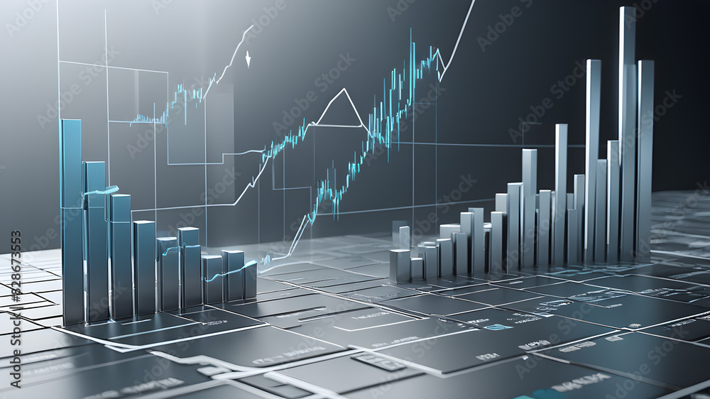 Naklejka premium Abstract graph chart of stock market trade background in very light blue and gray colors. Growth up business financial investment or economic concept, Generative AI