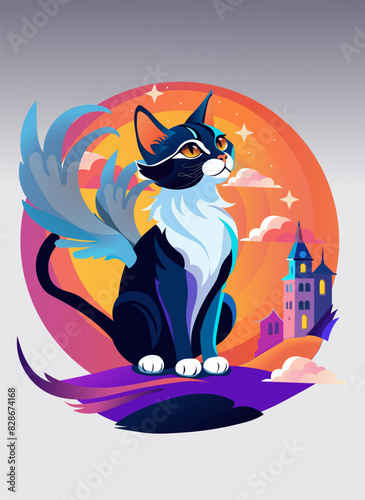 Blue cat with wings and landscape on the grey gradient background