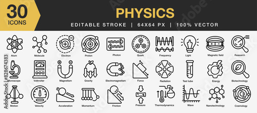 Set of 30 Physics icon sets. Includes Atom, Molecule, Electron, Proton, Photon, Quark, Microscope, Voltmeter, Magnetism, Gravity, and More. Outline icons vector collection.