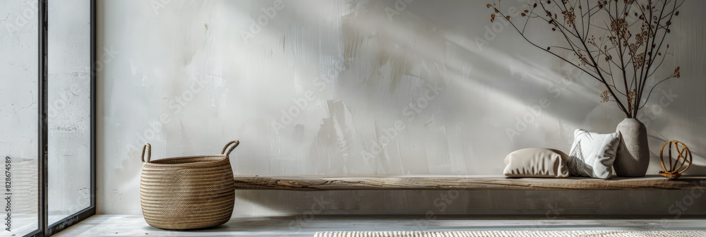 Obraz premium Modern interiors with minimalistic decoration and minimal furniture. Interior design composition with natural window lighting and copyspace for text
