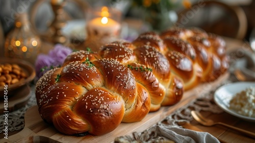 celebrate shavuot with beautifully braided challah bread and delicious dairy treats on the festive table, symbolizing the holidays traditions photo