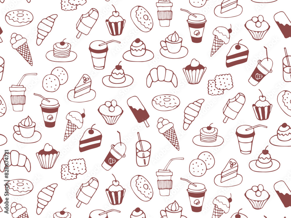 Seamless pattern of food and drink, fast food, sweets, cookies, coffee. Hand drawn vector monochrome doodles in line style on transparent background