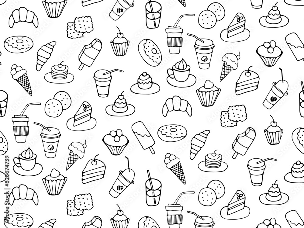 Seamless pattern of food and drink, fast food, sweets, cookies, coffee. Hand drawn vector monochrome doodles in line style on transparent background