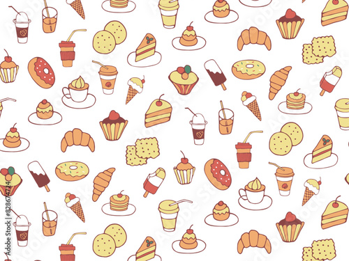 Seamless pattern of food and drink, fast food, sweets, cookies, coffee. Hand drawn vector colorful doodles in flat style on transparent background