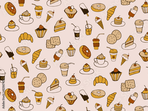 Seamless pattern of food and drink  fast food  sweets  cookies  coffee. Hand drawn vector colorful doodles in flat style