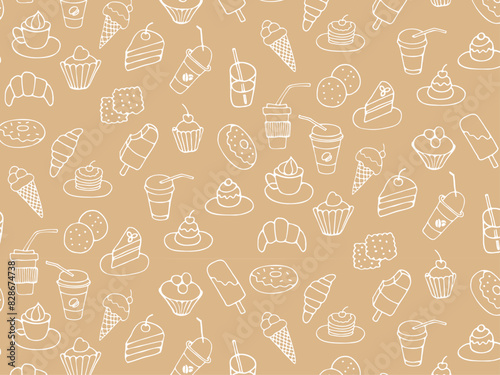 Seamless pattern of food and drink  fast food  sweets  cookies  coffee. Hand drawn vector monochrome doodles in line style