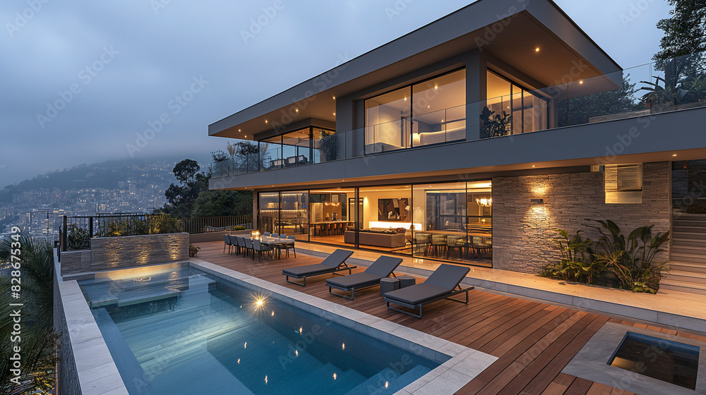 Fototapeta premium a modern house with a deck and pool, in the style of quito school, soft, atmospheric lighting, grandiose cityscape views, organic stone carvings, light beige and bronze, landscape inspirations, passag