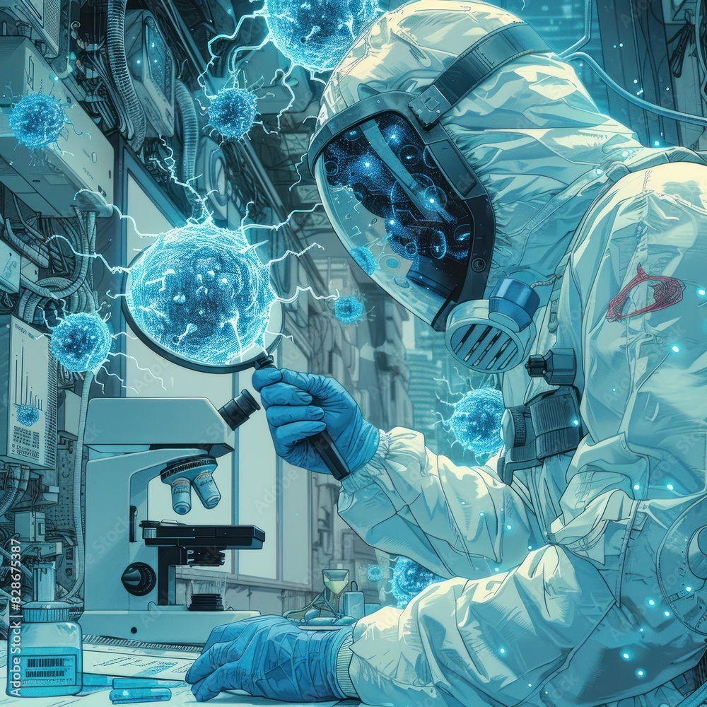A scientist in protective gear uses micro equipment to reach medical equipment, a digital blue holographic image of bacteria floating around him A scientist in protective gear uses micro equipment to reach medical equipment, a digital blue holographic image of bacteria floating around him