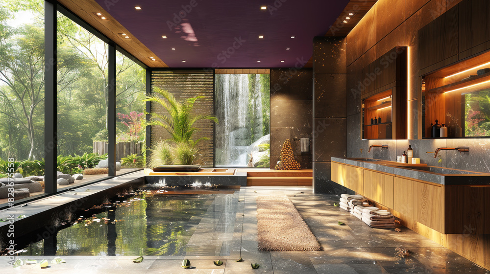 Fototapeta premium Purple combination color contemporary bathroom of a villa hotel by natural river