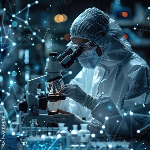 A scientist in protective gear uses micro equipment to reach medical equipment, a digital blue holographic image of bacteria floating around him