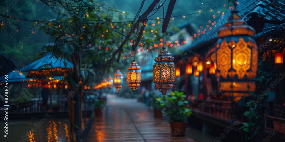 Obraz premium Muslim Arabian Lantern is lighting at night. Beautiful Lanterns Outdoors Background. Blurred Bokeh Lights Wallpaper.