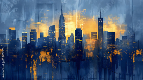 Abstract Modern Metropolis  Gradient Texture of Urban Skyline in Midnight Blue  Steel Gray  City Lights Yellow  and Cherry Gold