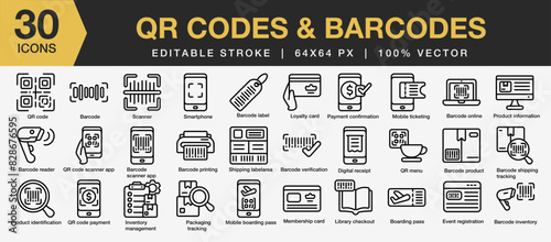 Set of 30 Qr code and barcode icon set. Editable Stroke Icon Collection. Includes smartphone, product, receipt, menu, card, scanner, and More. Outline icons vector collection.