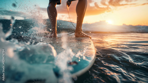 Man in action with surfboard on beach waves on summer vacation