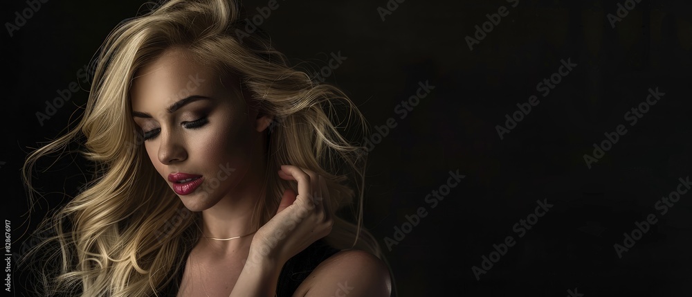 Fototapeta premium a blonde woman exudes sensual beauty with her long hair and makeup, set against a striking black background, capturing an aura of allure and sophistication