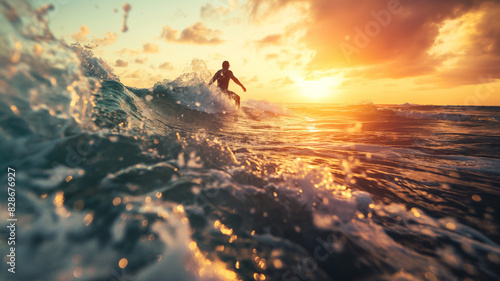 Man in action with surfboard on beach waves on summer vacation