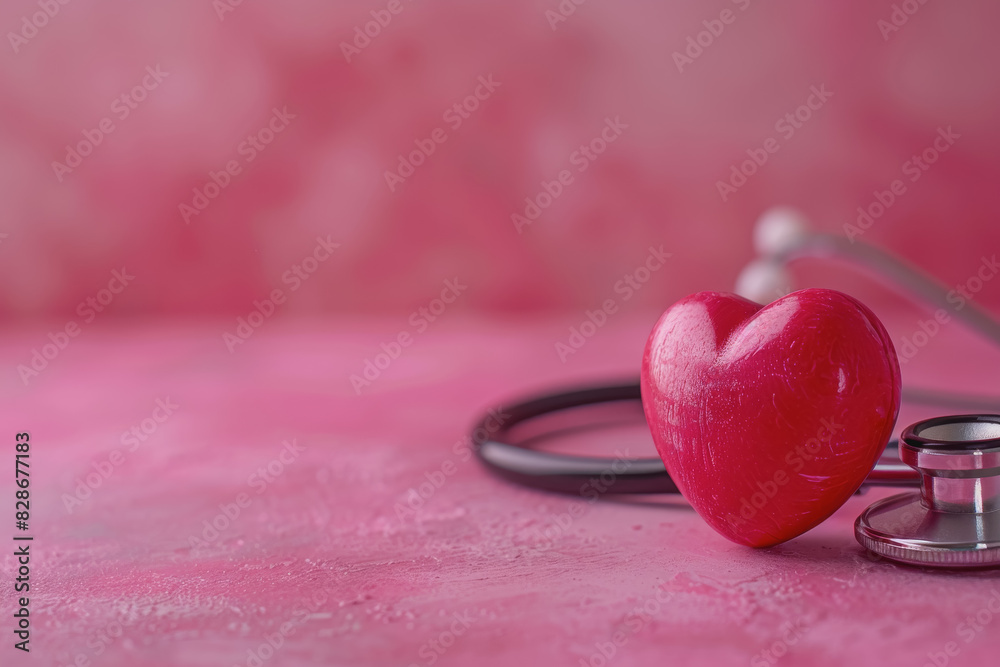Fototapeta premium Pink background with a red heart and stethoscope. copy space.