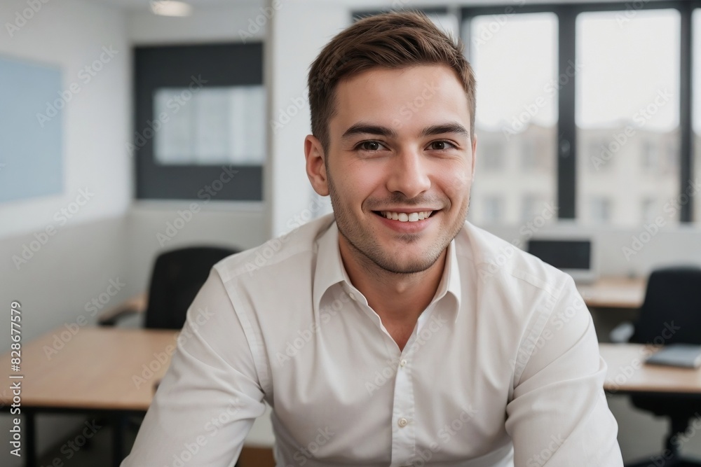 Happy male office worker working in a positive work environment with copy space. Happy male office worker working in a positive work environment with copy space.