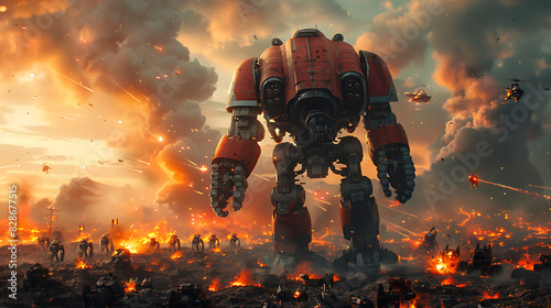 illustration of a futuristic battleground with towering mechs hightech weapons and epic battles raging across scorched landscapes as armies clash in a struggle for dominance