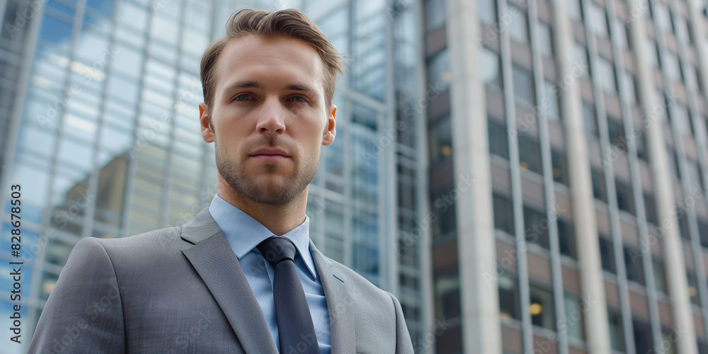 Professional male in a suit stands before modern buildings, exuding confidence and success Professional male in a suit stands before modern buildings, exuding confidence and success