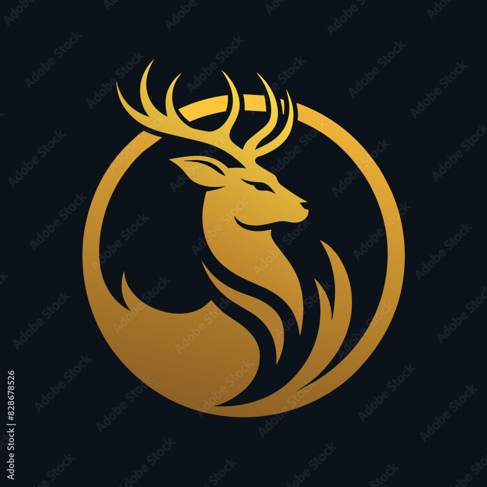 Gold unique regal golden stag, closeup, business logo vector, sphere style, luxury, premium style deer logo