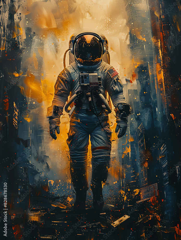 Astronaut in spacesuit standing in a futuristic, dystopian city with fiery background, showcasing a sci-fi scene of exploration and survival. Astronaut in spacesuit standing in a futuristic, dystopian city with fiery background, showcasing a sci-fi scene of exploration and survival.